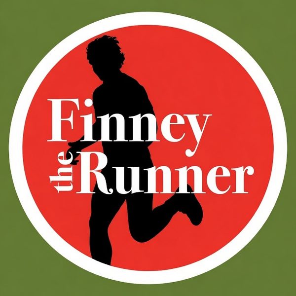 Finney the Runner label: silhouette of a runner on a red circle